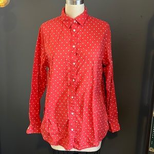 Uniqlo red & white polka dot button down collared blouse